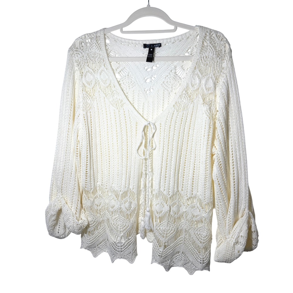 Aqua Women Ivory Crochet Knit Tie Front Tassel Cardigan Sweater Large